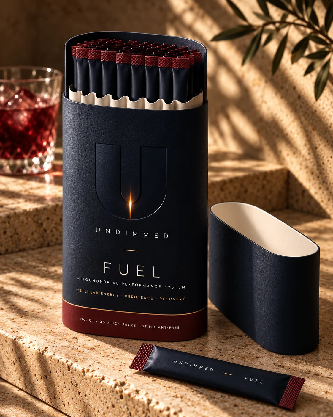 Open midnight-navy FUEL tube with stick packs, matching lid and a burgundy drink on travertine.
