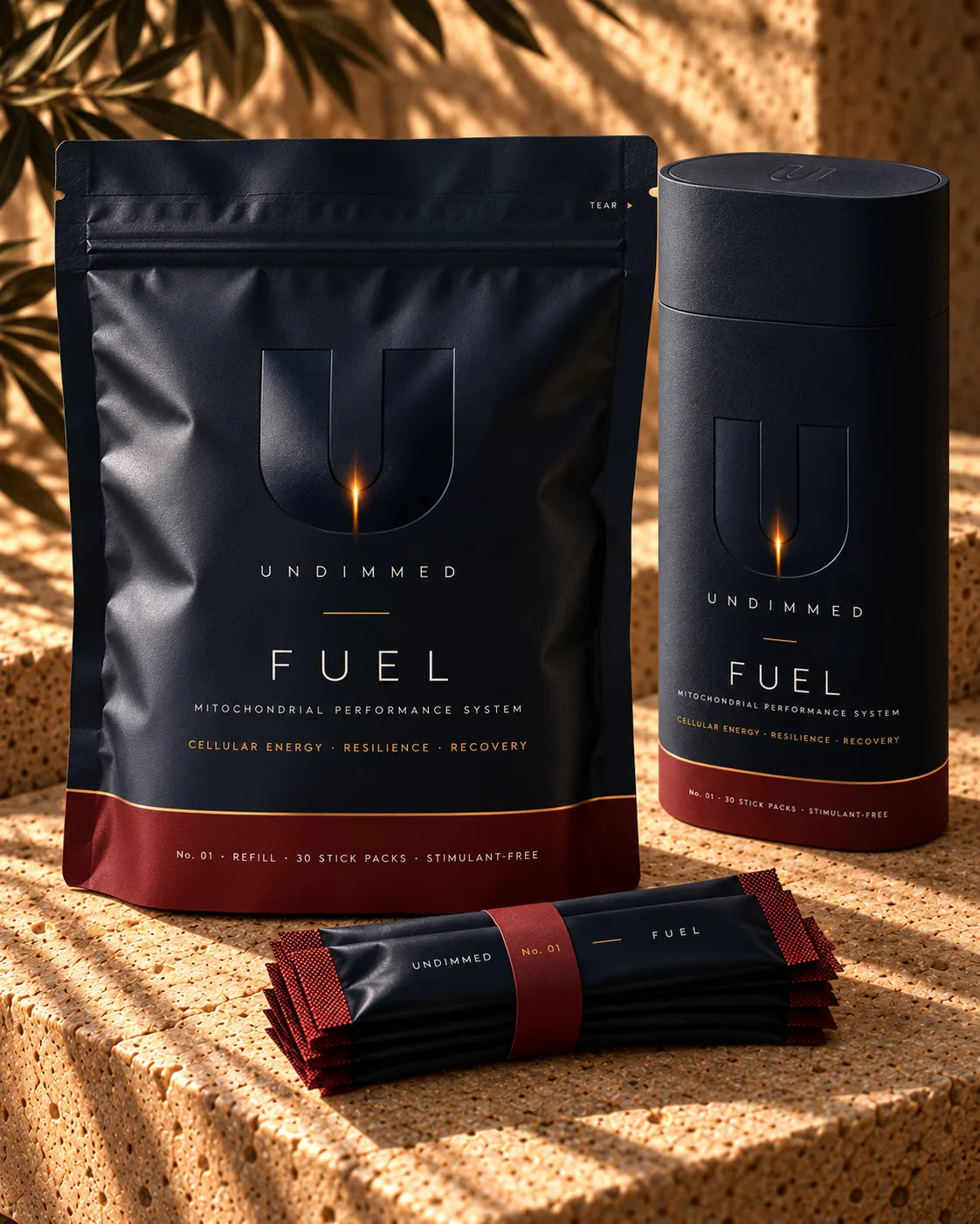 FUEL refill pouch beside the reusable tube and a bundle of stick packs.