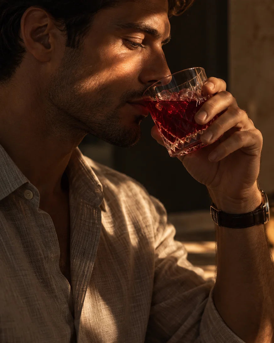 A man drinking a glass of deep red FUEL in warm morning light.